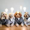 DALL·E 2022-09-29 12.28.16 - photo of 4 dogs dressed in suits with light bulbs as heads sitting around a table