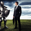 DALL·E 2022-09-30 18.46.15 - photo of a knight in armor facing a businessman wearing a suit standing outside