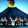 DALL·E 2022-09-29 13.34.28 - photo of an executive board meeting in front of an exploding volcano