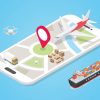 smart delivery system transportation with various model like air land and sea with smartphone app track with modern flat style - vector