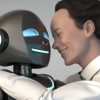 a management consultant and a robot smiling and embracing, photorealistic, 8K digital art