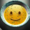 bowl of soup that resembles a smiley face, ultrarealistic, highly detailed, digital art
