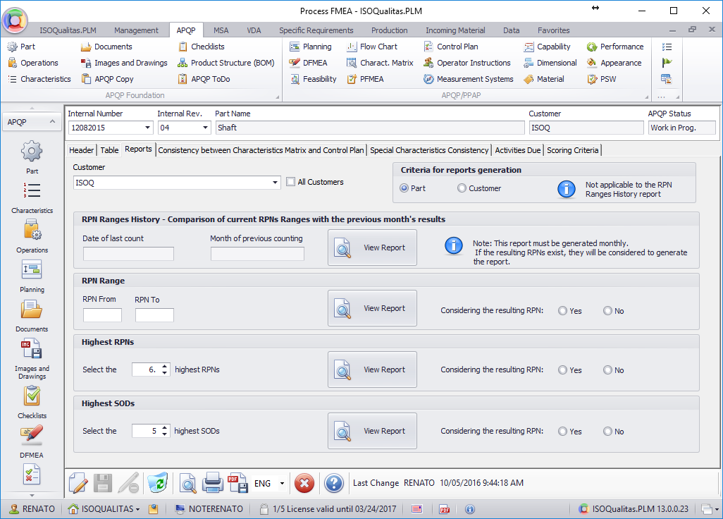 <b>FMEA</b> (Screenshot 2)<br>Reports aid identifying the most important Failure Modes and respective actions. 