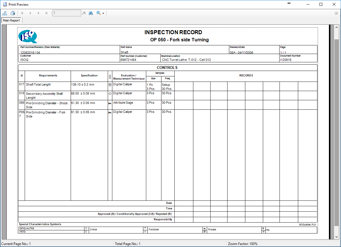 <b>Work Instructions</b> (Screenshot 5)<br>Inspection Records can be Printed or Operators can register the inspections results at the Inspection Records module for a paperless approach. In this case capability analysis is automatically performed. 