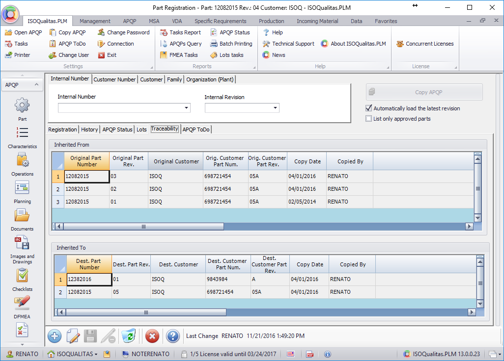 <b>Complete APQP History and Traceability</b> (Screenshot 2)<br>APQP complete history and Traceability (Inherited From and Inherited To) guarantees historical data is available and traceable to its origin. 