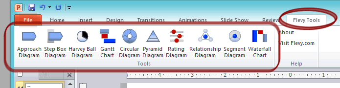 Under the "Flevy Tools," you will see 4 buttons for the first diagram builders: Approach Diagram, Step Box Diagram, Harvey Ball Diagram, and Gantt Chart.