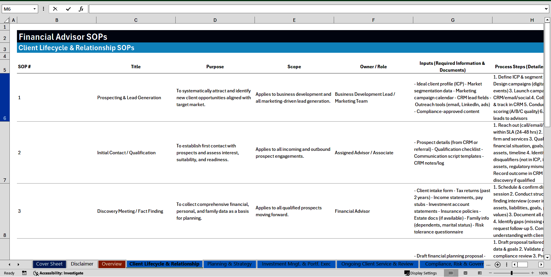 100 Financial Advisor SOPs (Excel template (XLSX)) Preview Image