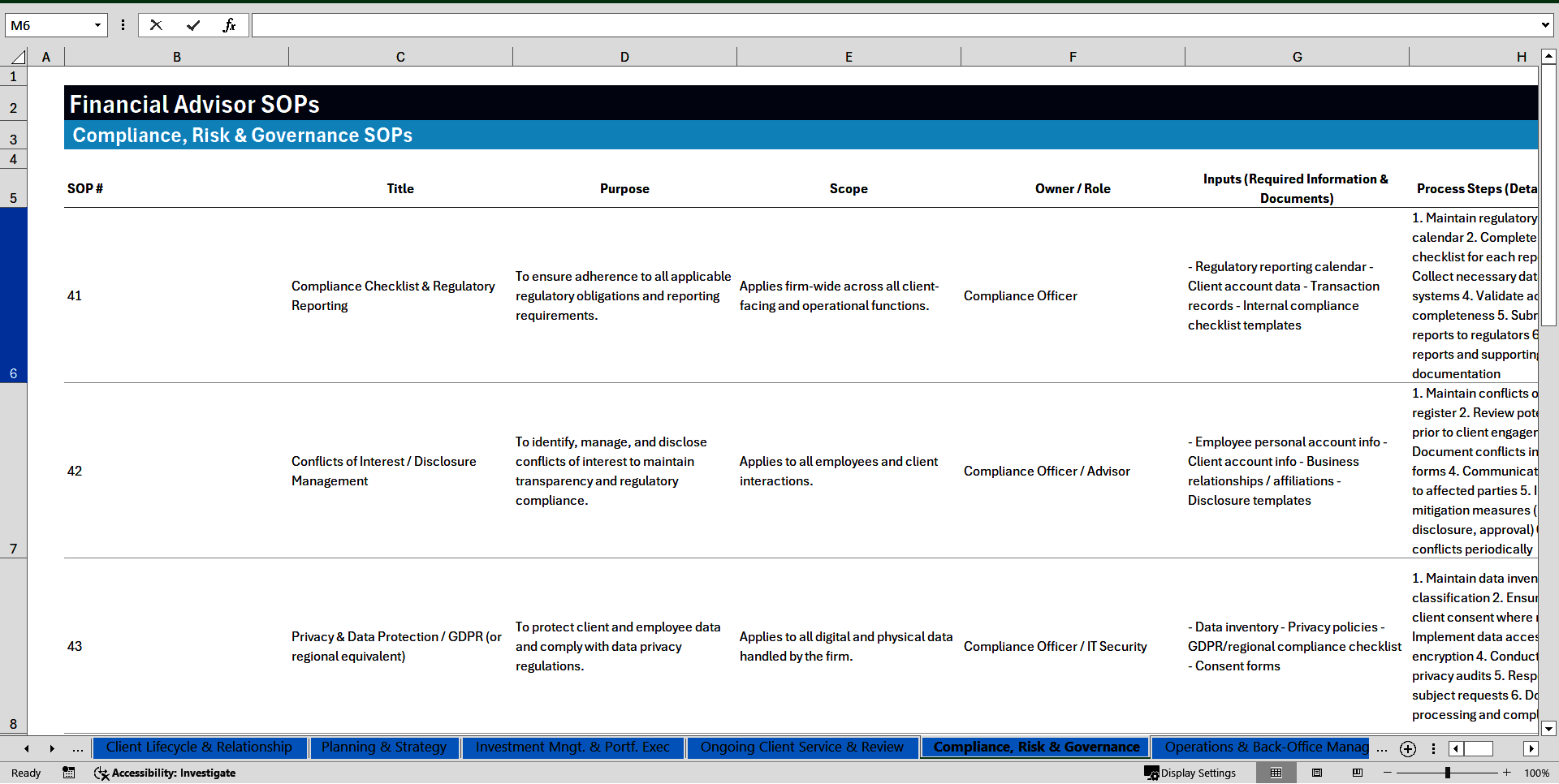 100 Financial Advisor SOPs (Excel template (XLSX)) Preview Image