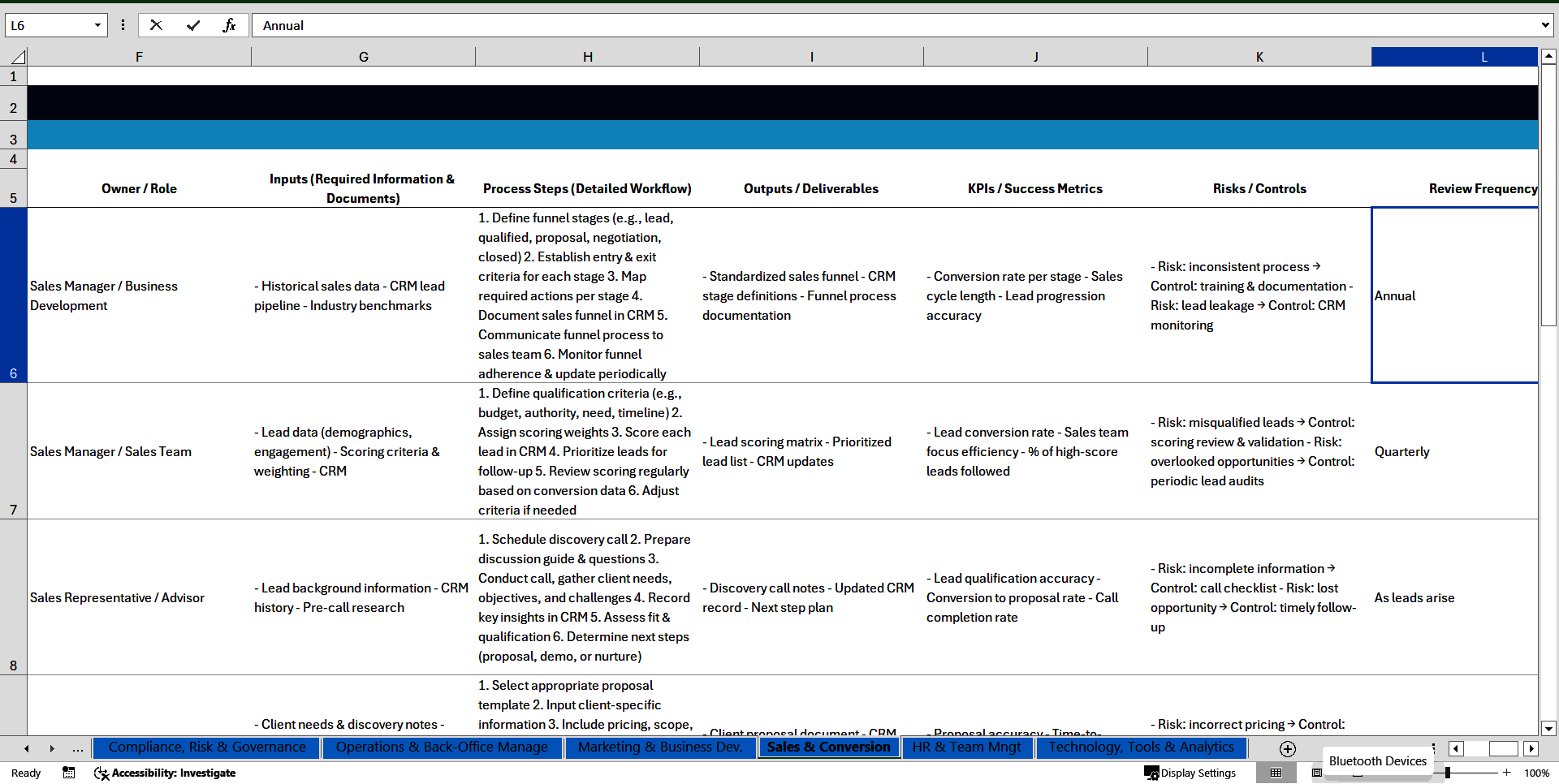 100 Financial Advisor SOPs (Excel template (XLSX)) Preview Image