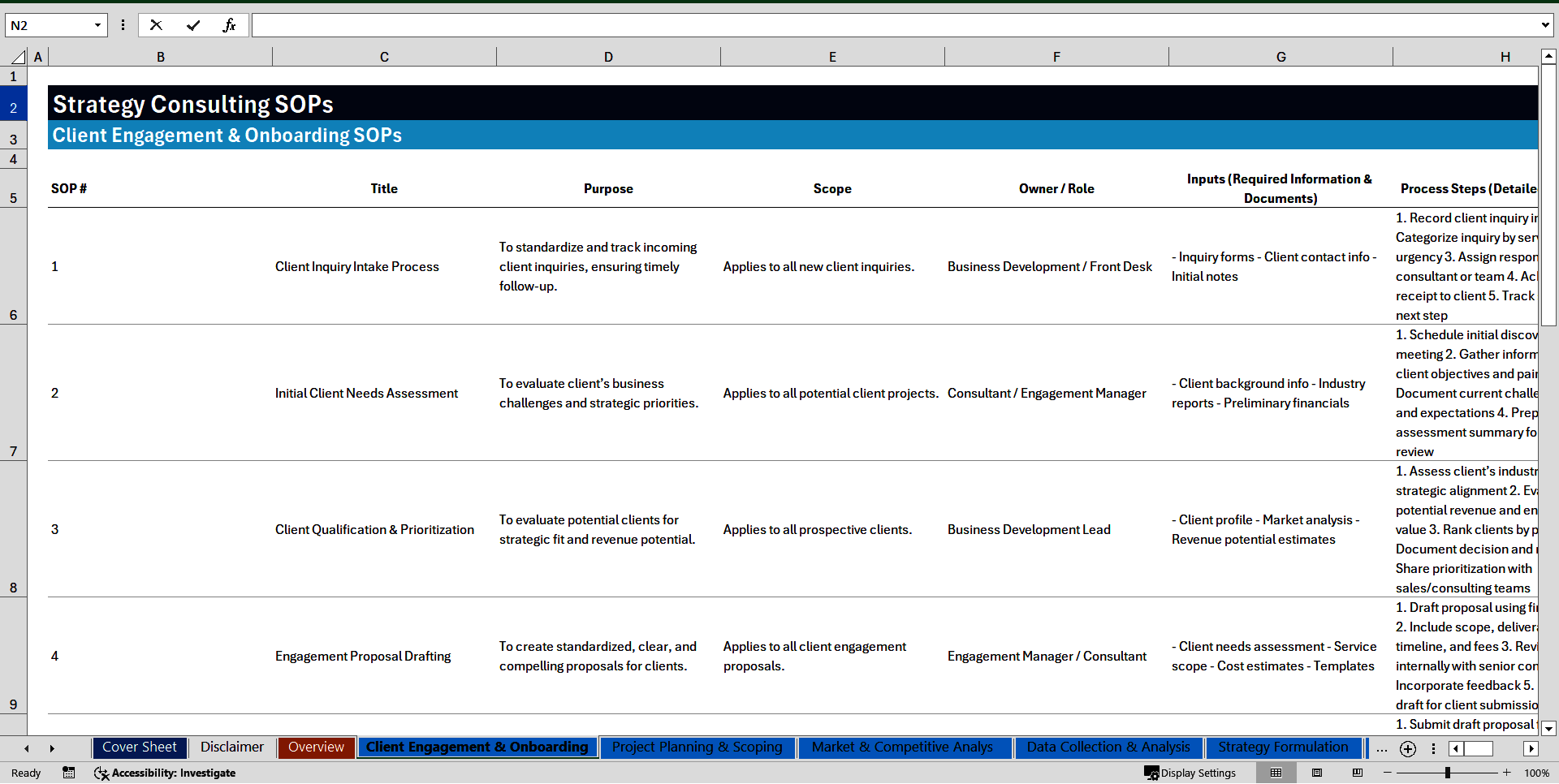 100 Strategy Consulting SOPs (Excel template (XLSX)) Preview Image