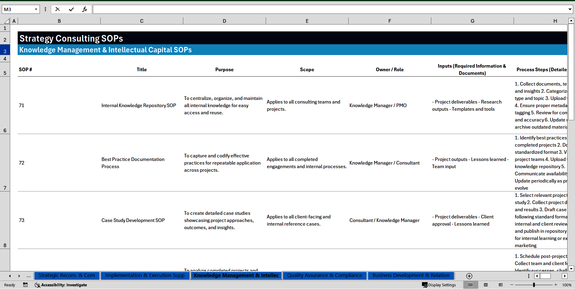 100 Strategy Consulting SOPs (Excel template (XLSX)) Preview Image