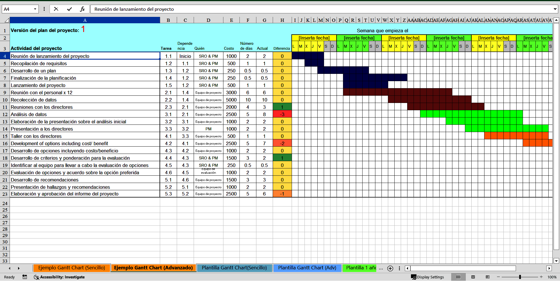 Simple & Advanced Project Plan Template (Spanish) (Excel template (XLSX)) Preview Image