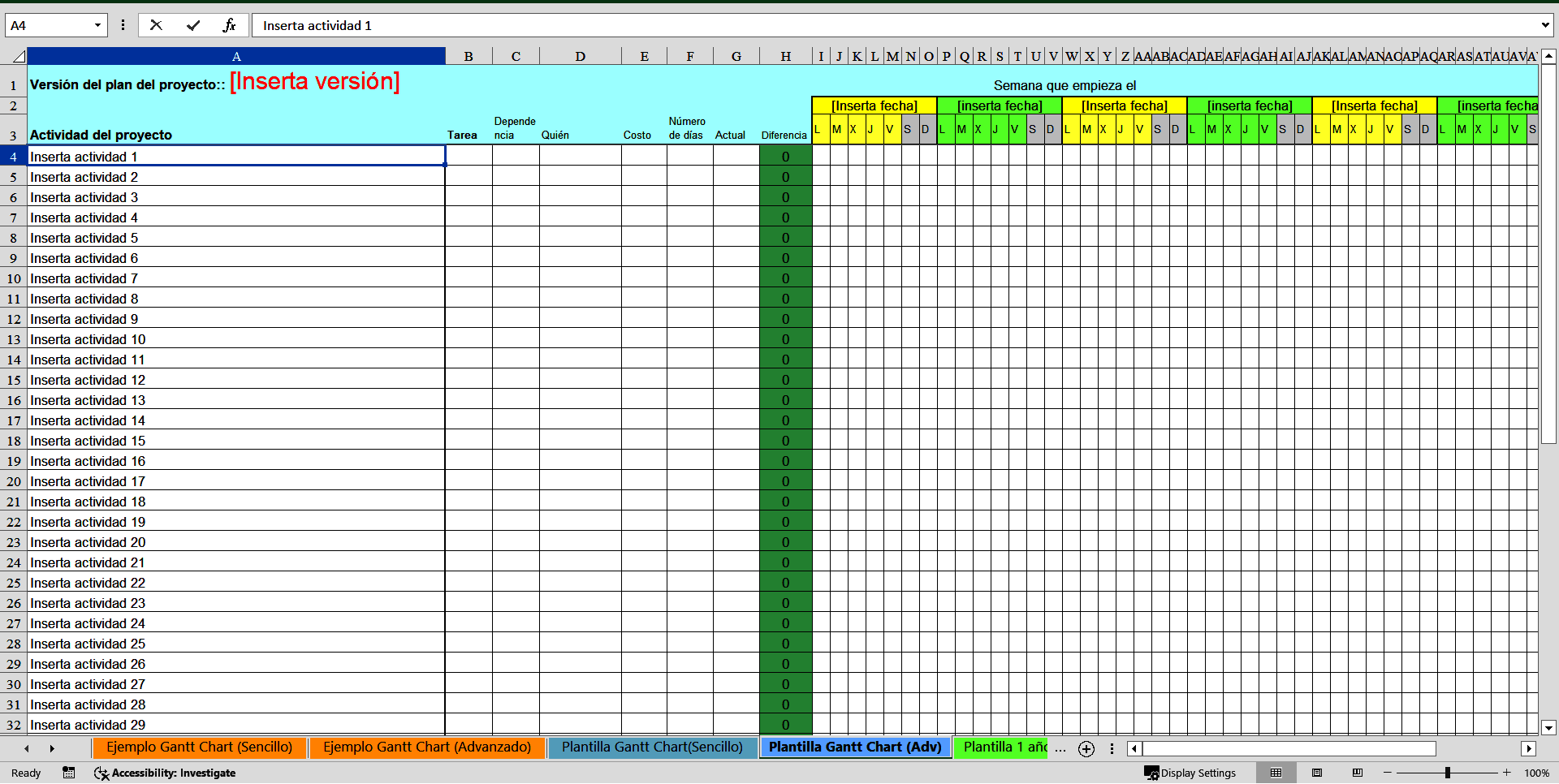 Simple & Advanced Project Plan Template (Spanish) (Excel template (XLSX)) Preview Image
