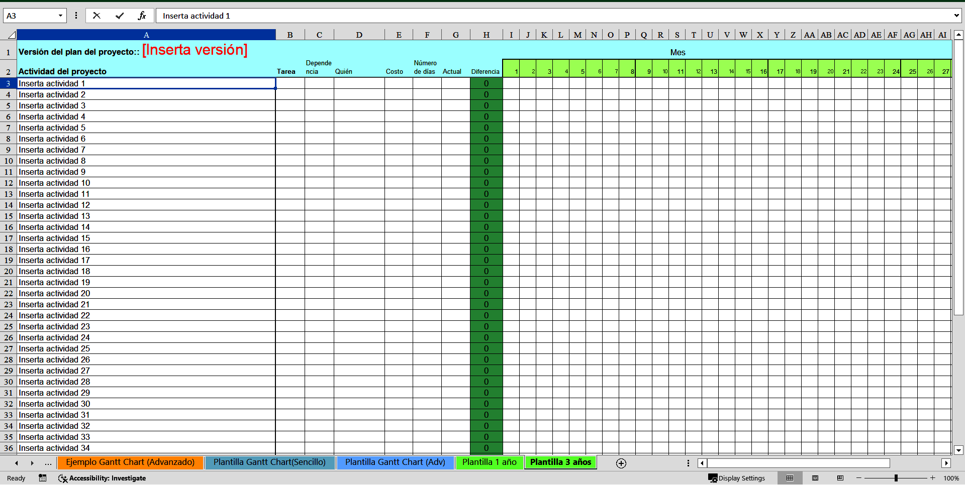 Simple & Advanced Project Plan Template (Spanish) (Excel template (XLSX)) Preview Image