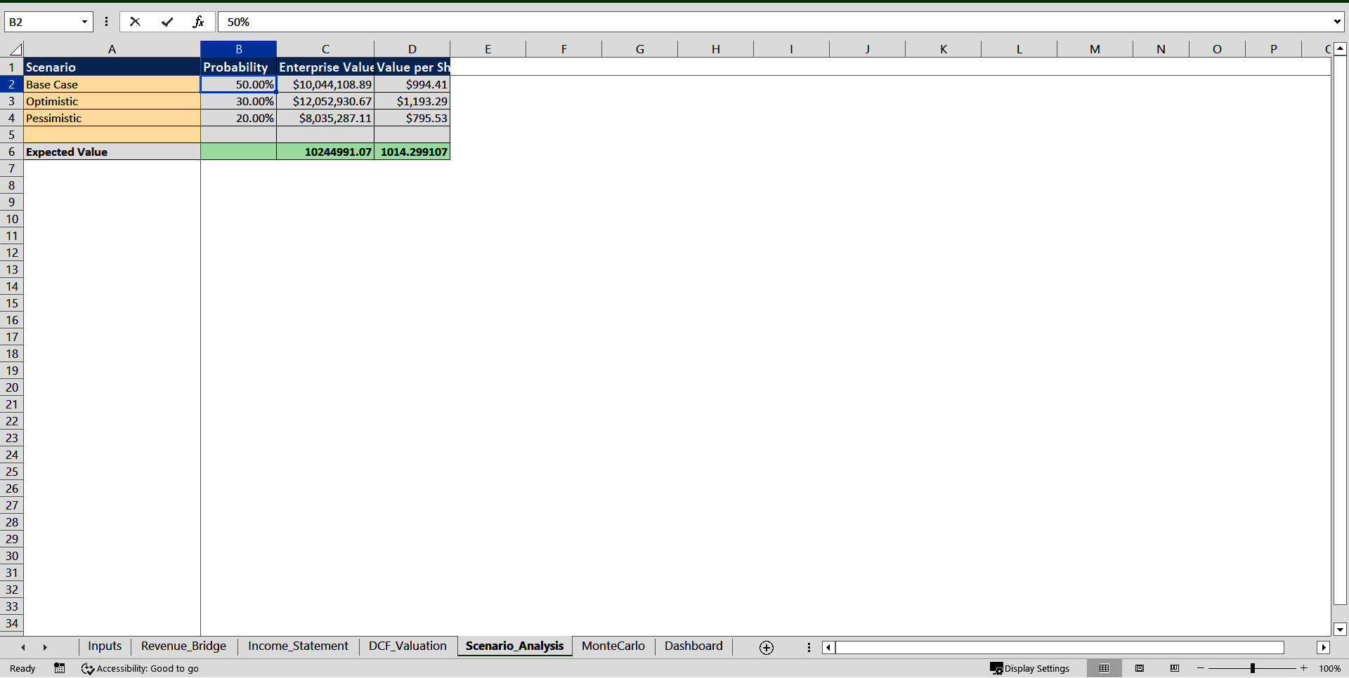 10-Year DCF Model with Monte Carlo Simulation (Excel template (XLSX)) Preview Image