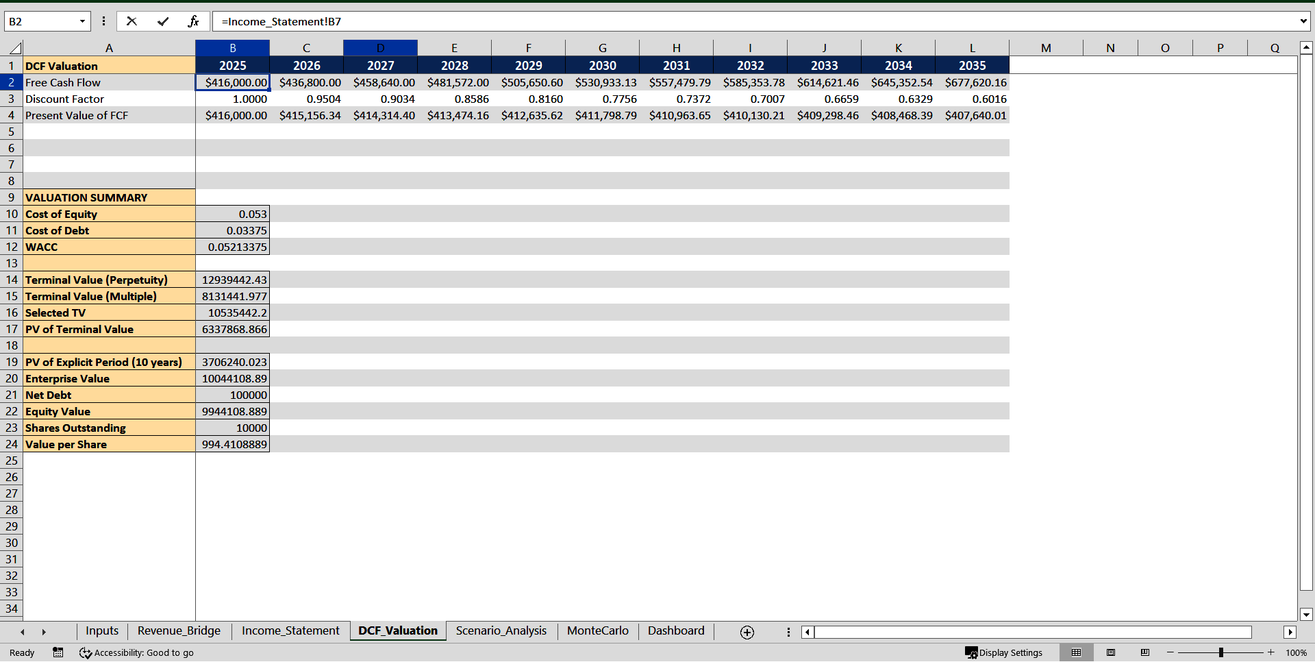 10-Year DCF Model with Monte Carlo Simulation (Excel template (XLSX)) Preview Image