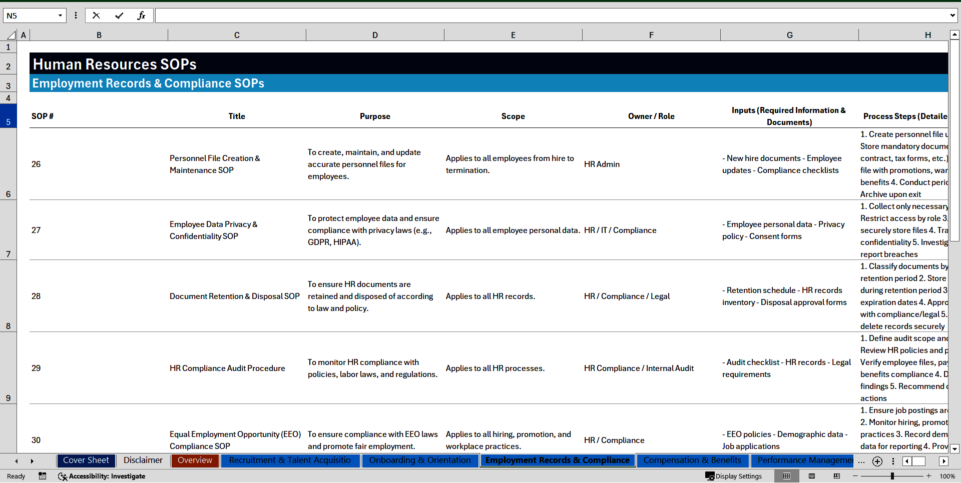 100 Human Resources SOPs (Excel template (XLSX)) Preview Image