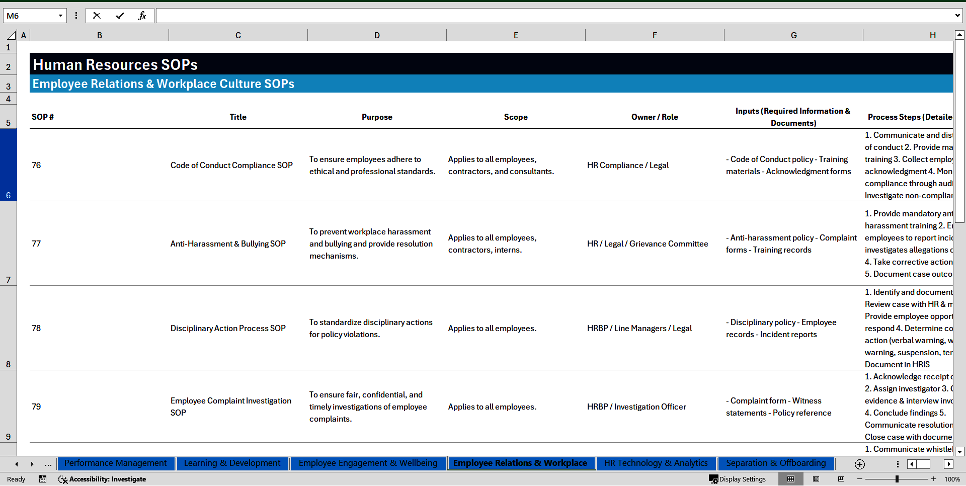 100 Human Resources SOPs (Excel template (XLSX)) Preview Image