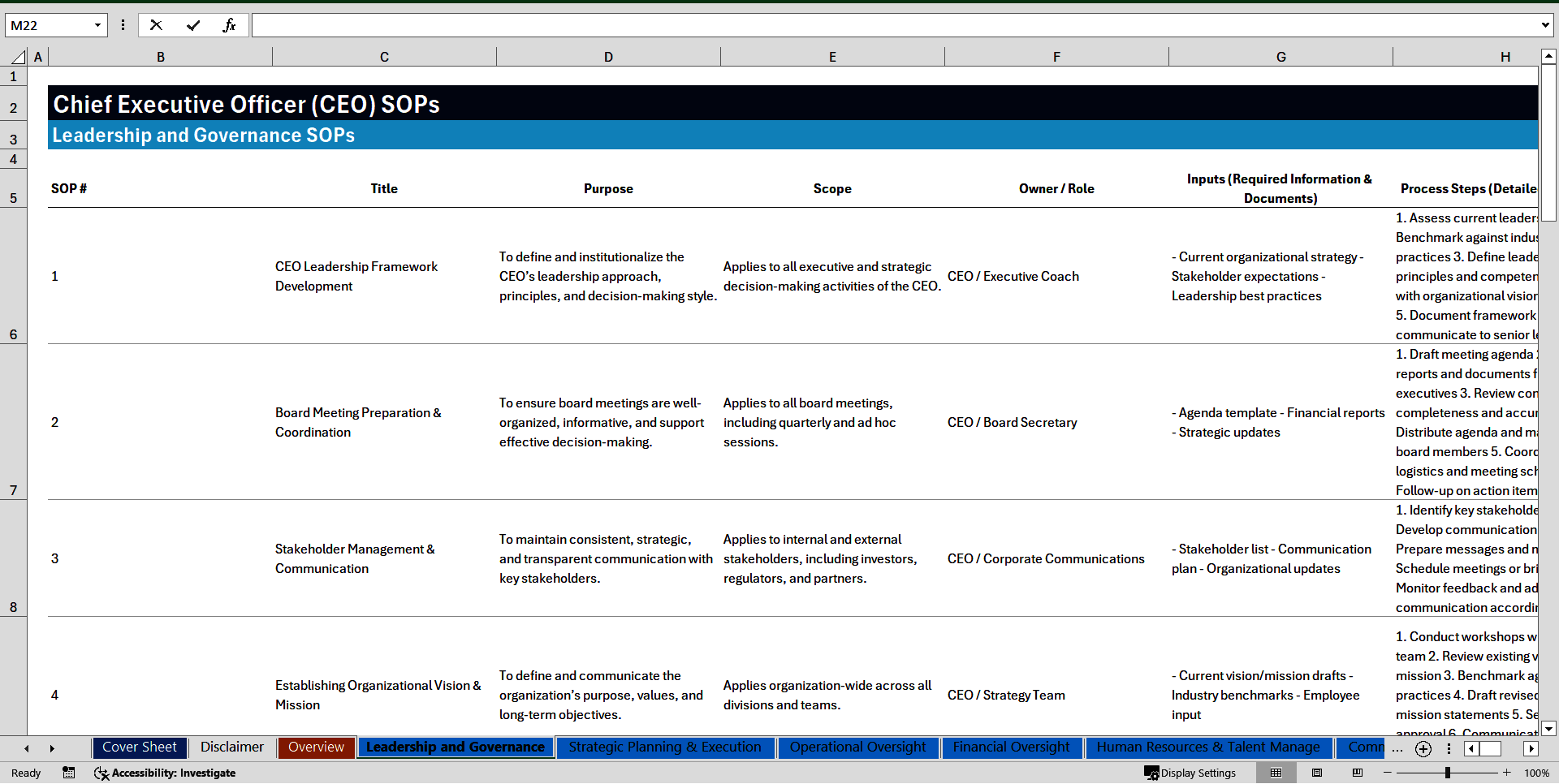 100+ Chief Executive Officer (CEO) SOPs (Excel template (XLSX)) Preview Image