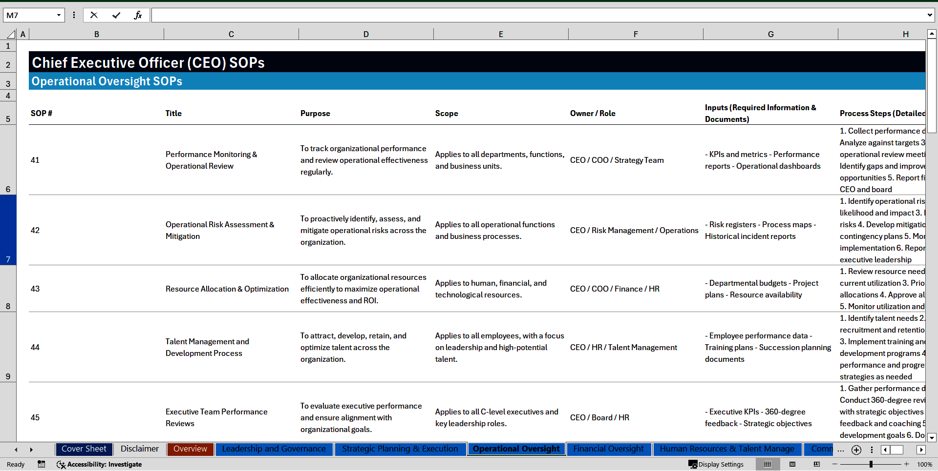 100+ Chief Executive Officer (CEO) SOPs (Excel template (XLSX)) Preview Image