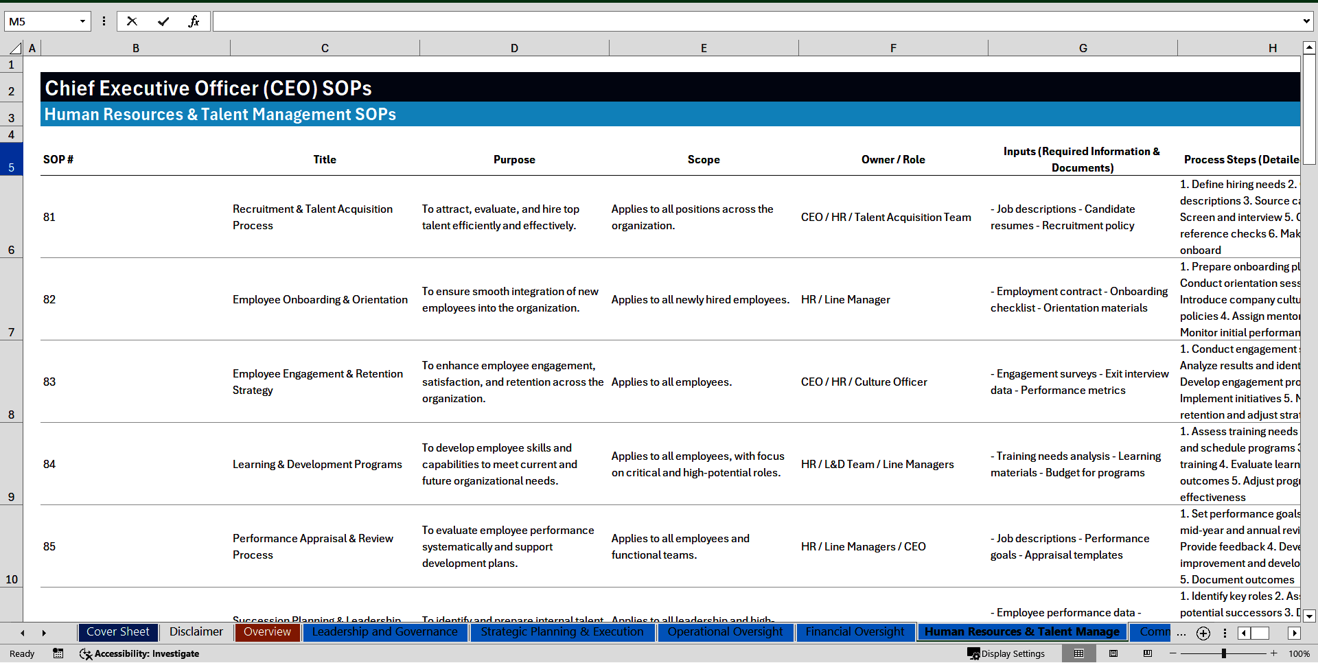 100+ Chief Executive Officer (CEO) SOPs (Excel template (XLSX)) Preview Image