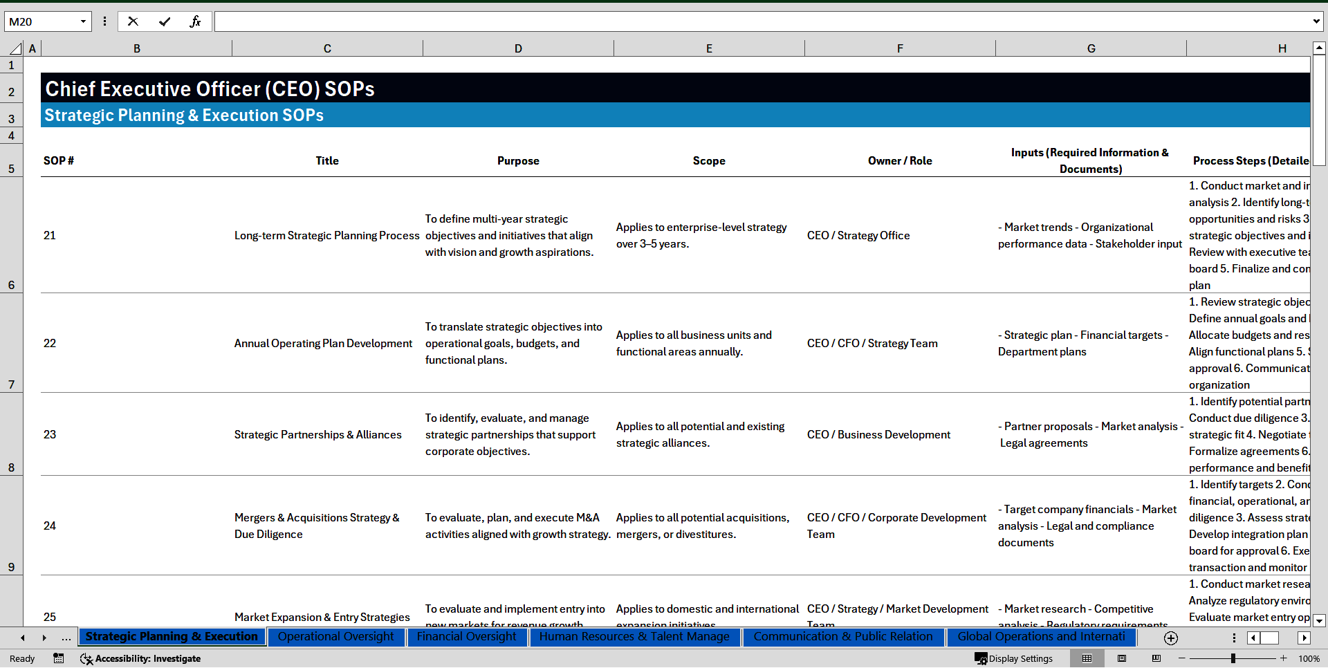 100+ Chief Executive Officer (CEO) SOPs (Excel template (XLSX)) Preview Image