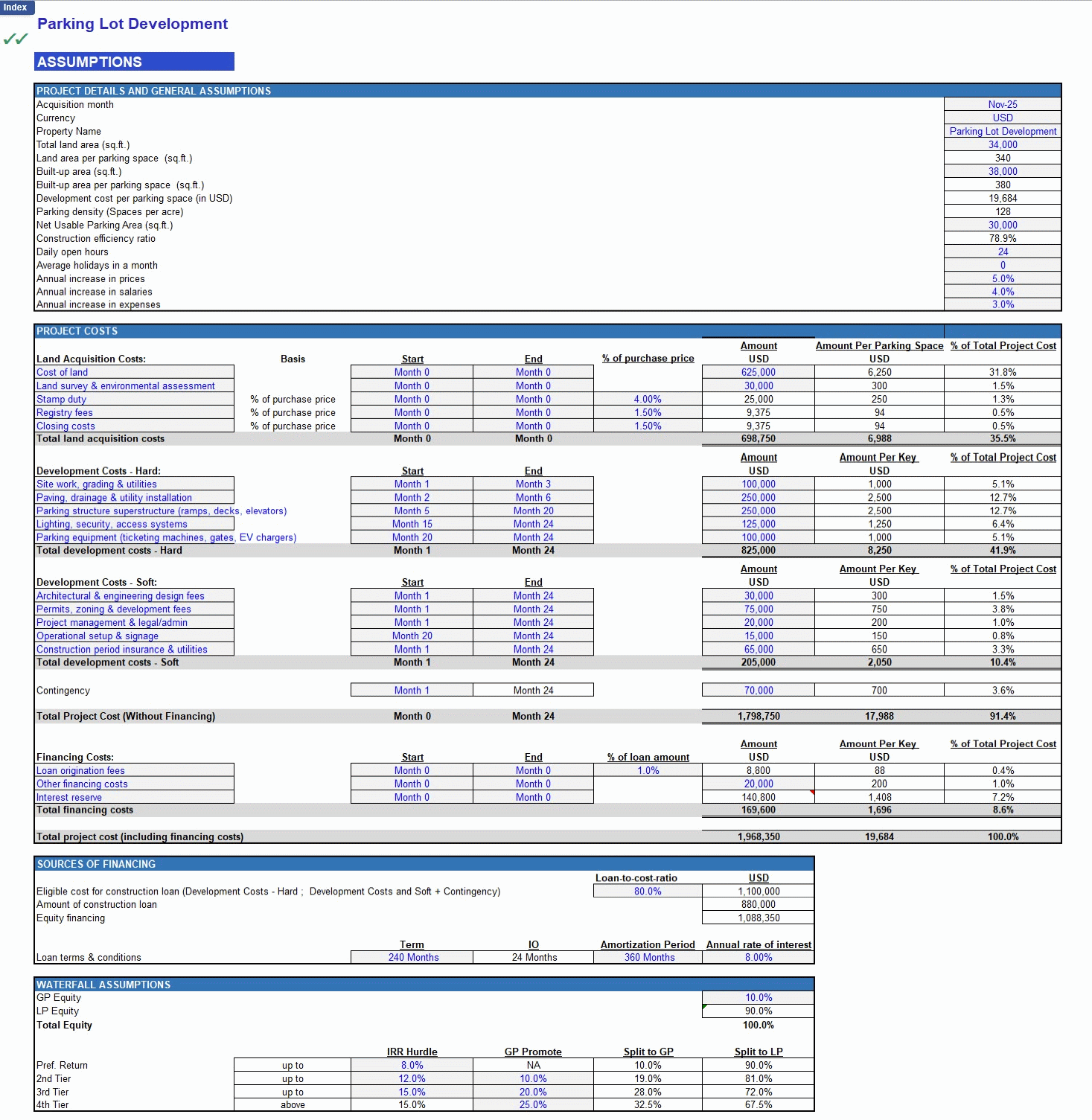 Parking Lot Development Financial Model (Excel template (XLSX)) Preview Image