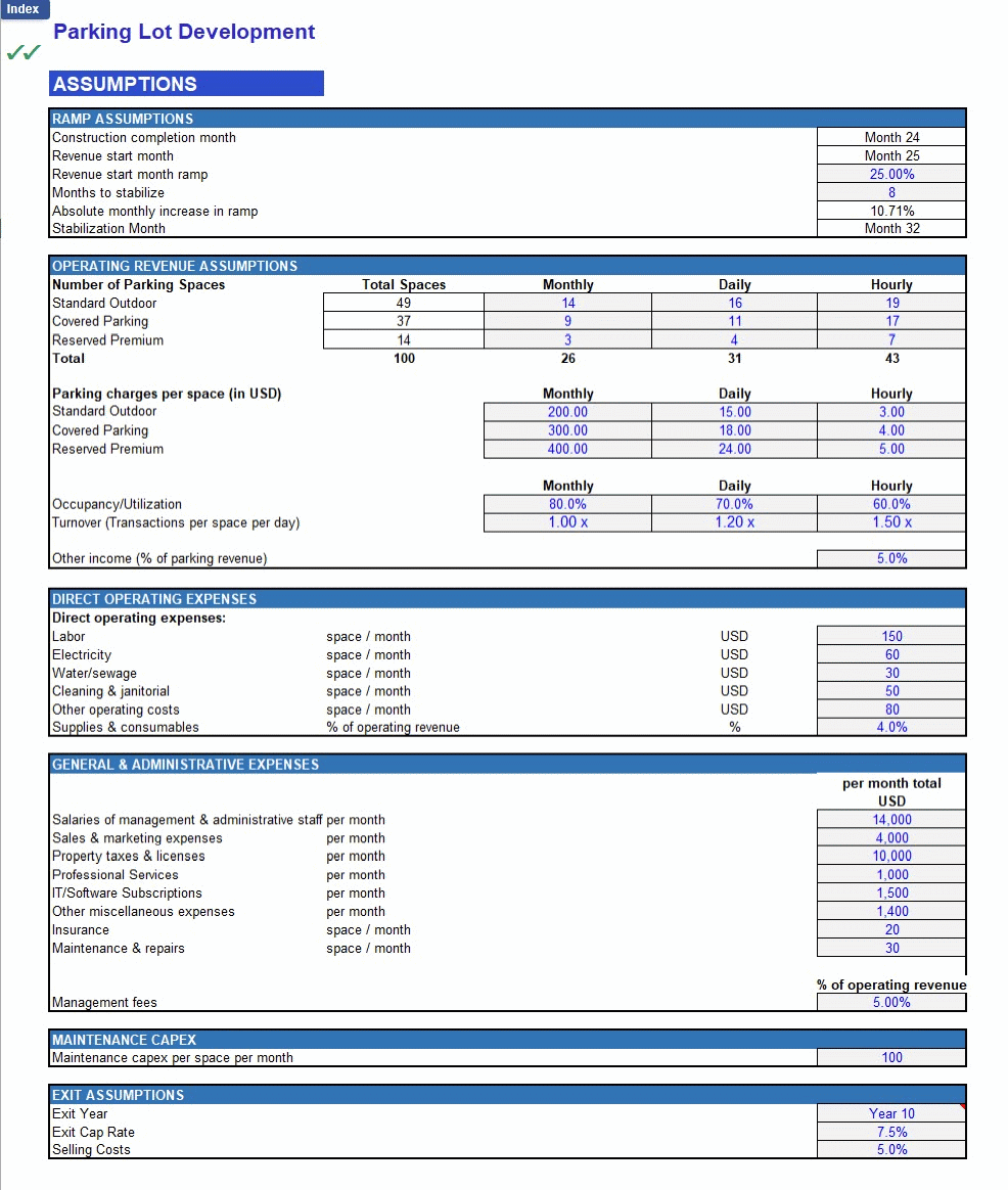 Parking Lot Development Financial Model (Excel template (XLSX)) Preview Image