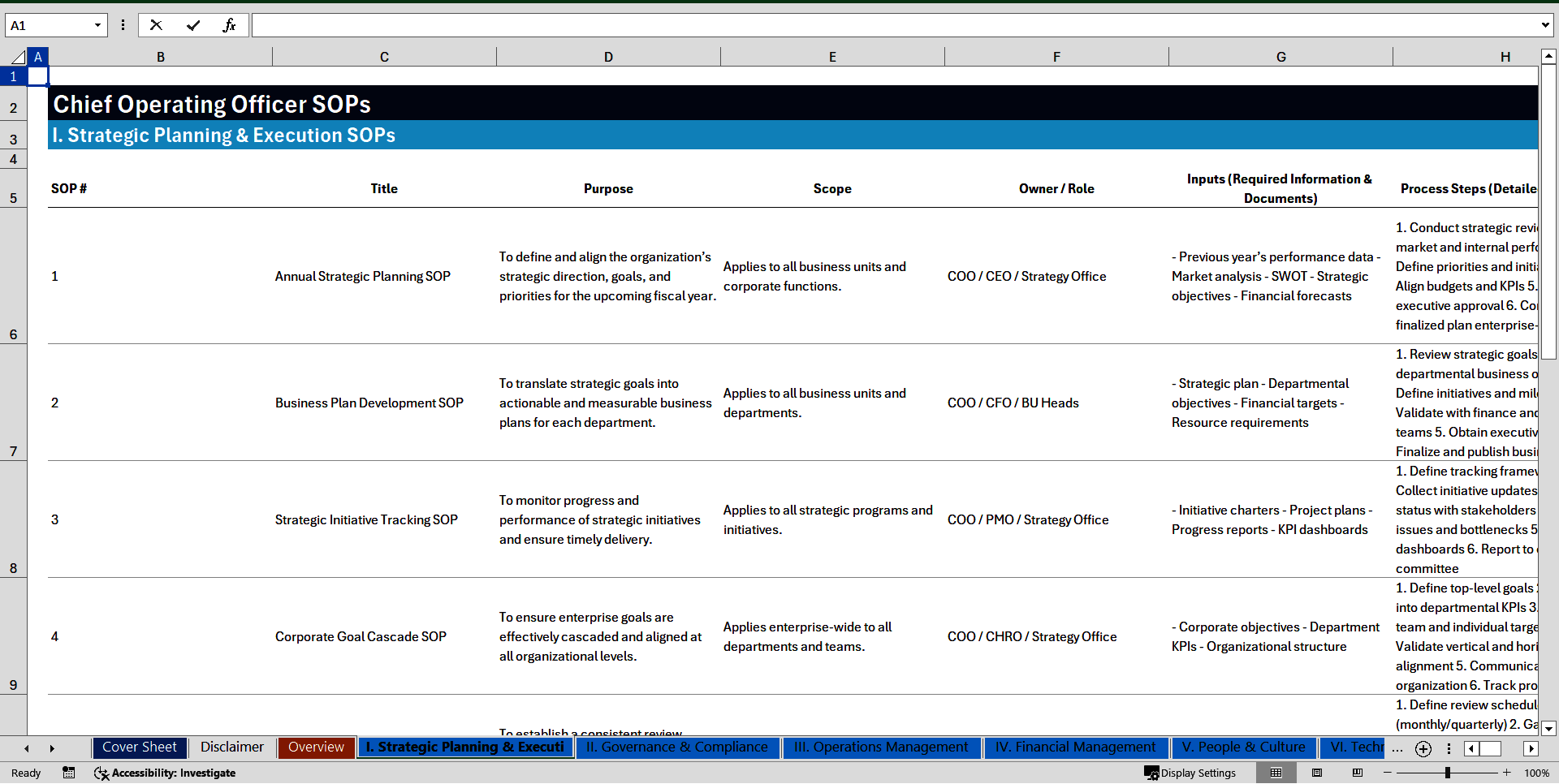 100+ Chief Operating Officer (COO) SOPs (Excel template (XLSX)) Preview Image
