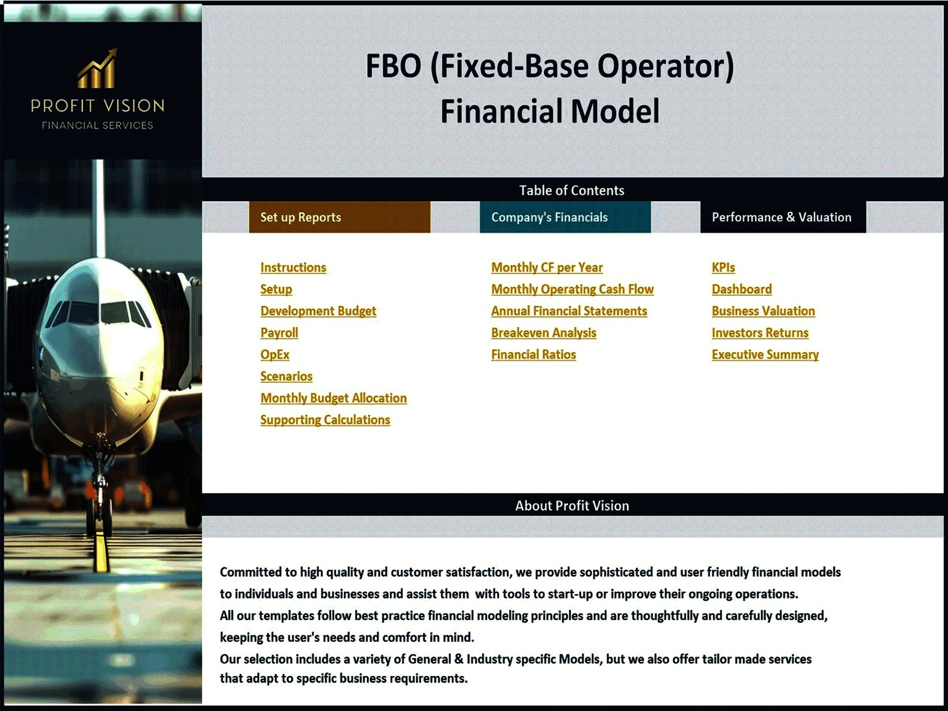 Fixed-Base Operator (FBO) – 10 Year Financial Model (Excel template (XLSX)) Preview Image