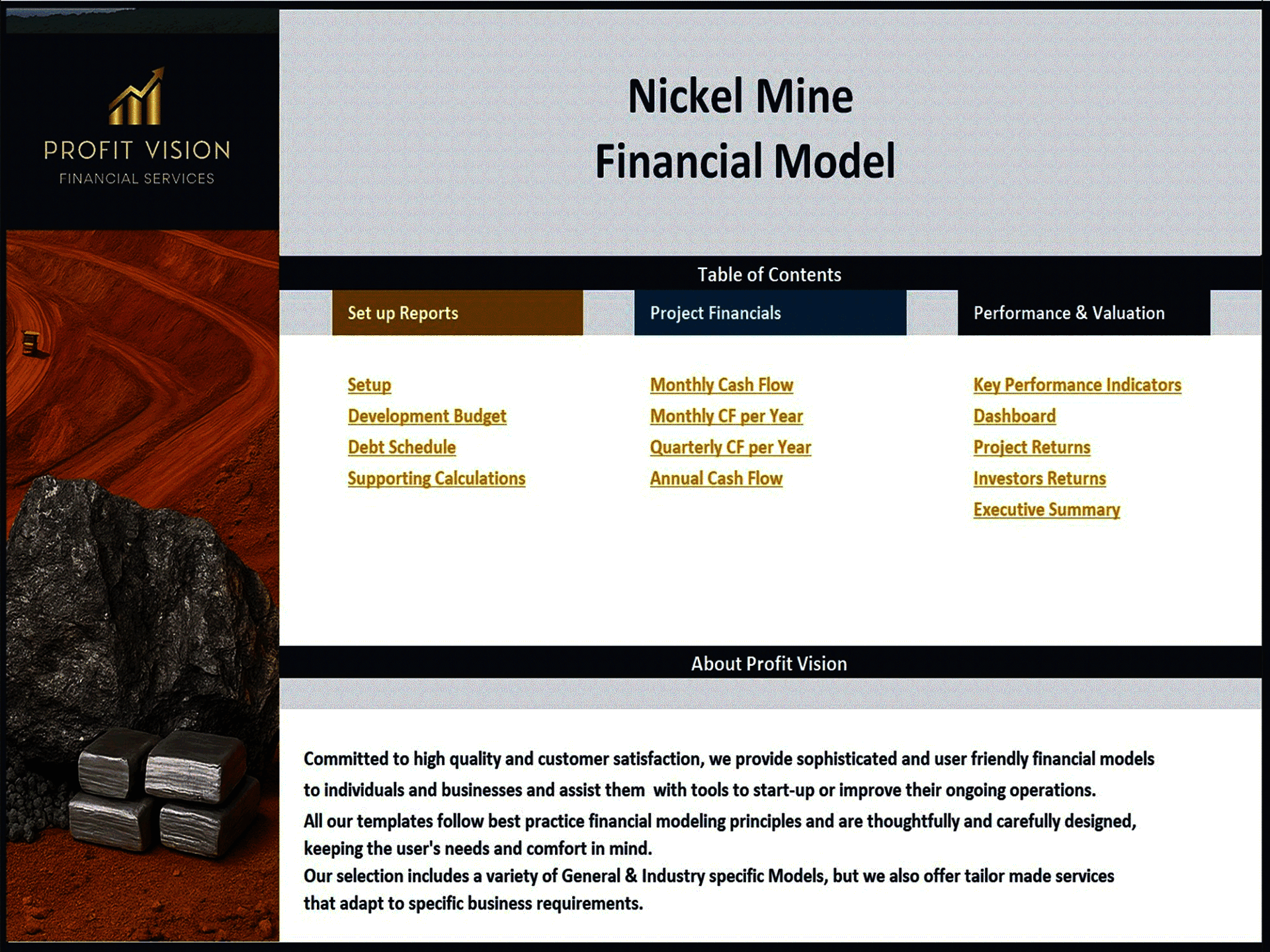 Nickel Mine Development – Project Finance Model (Excel template (XLSX)) Preview Image