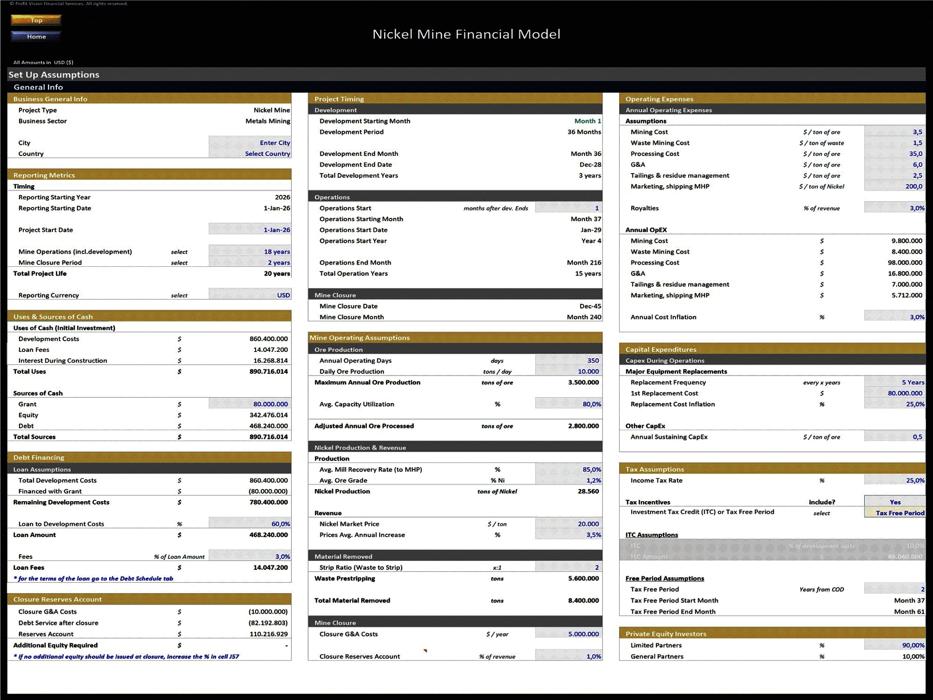 Nickel Mine Development – Project Finance Model (Excel template (XLSX)) Preview Image