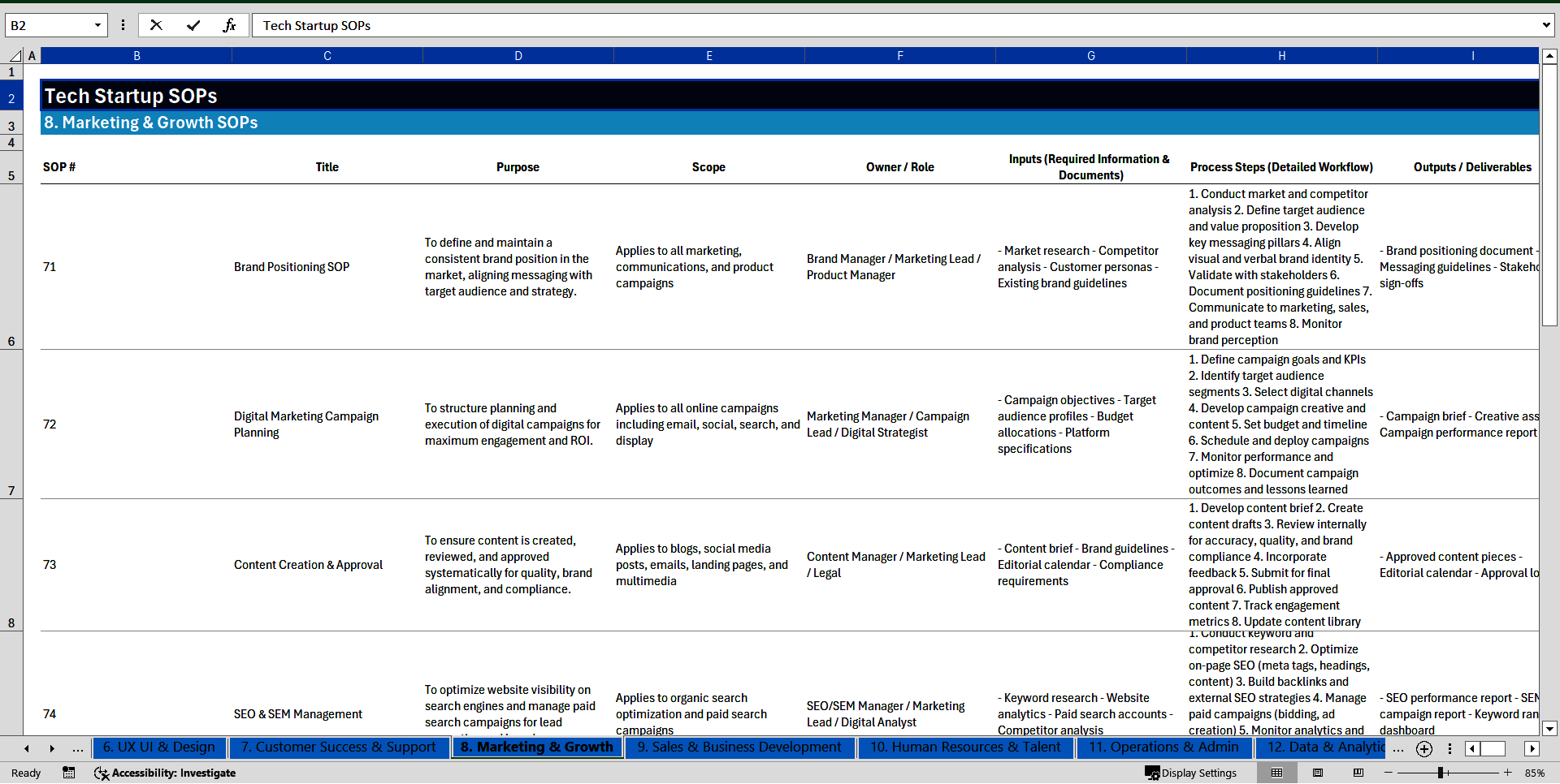 100+ Tech Startup SOPs (Excel template (XLSX)) Preview Image