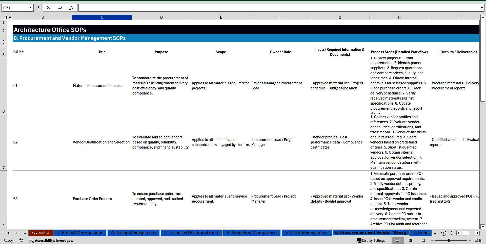 100+ Architecture Office SOPs (Excel template (XLSX)) Preview Image