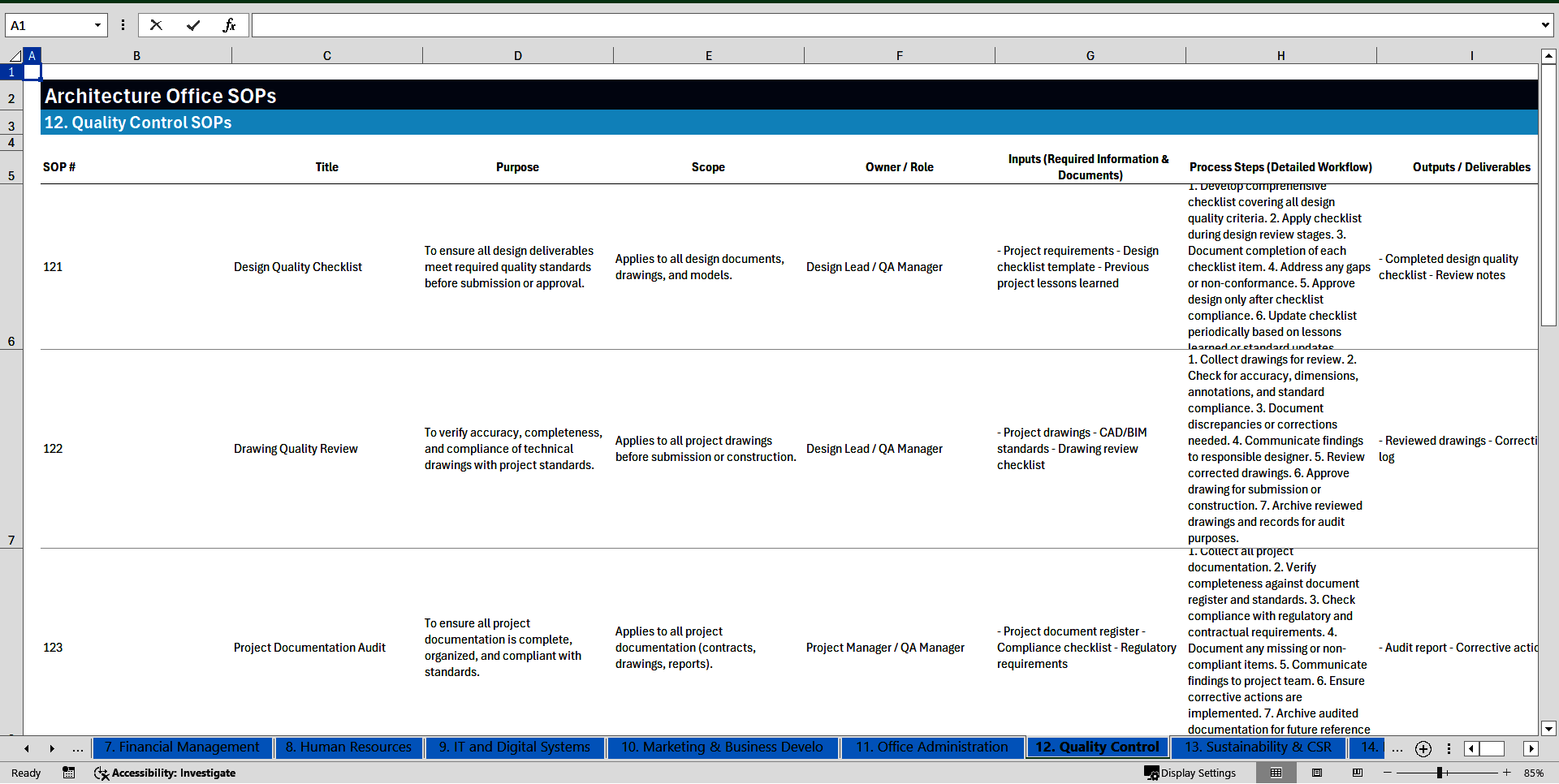 100+ Architecture Office SOPs (Excel template (XLSX)) Preview Image