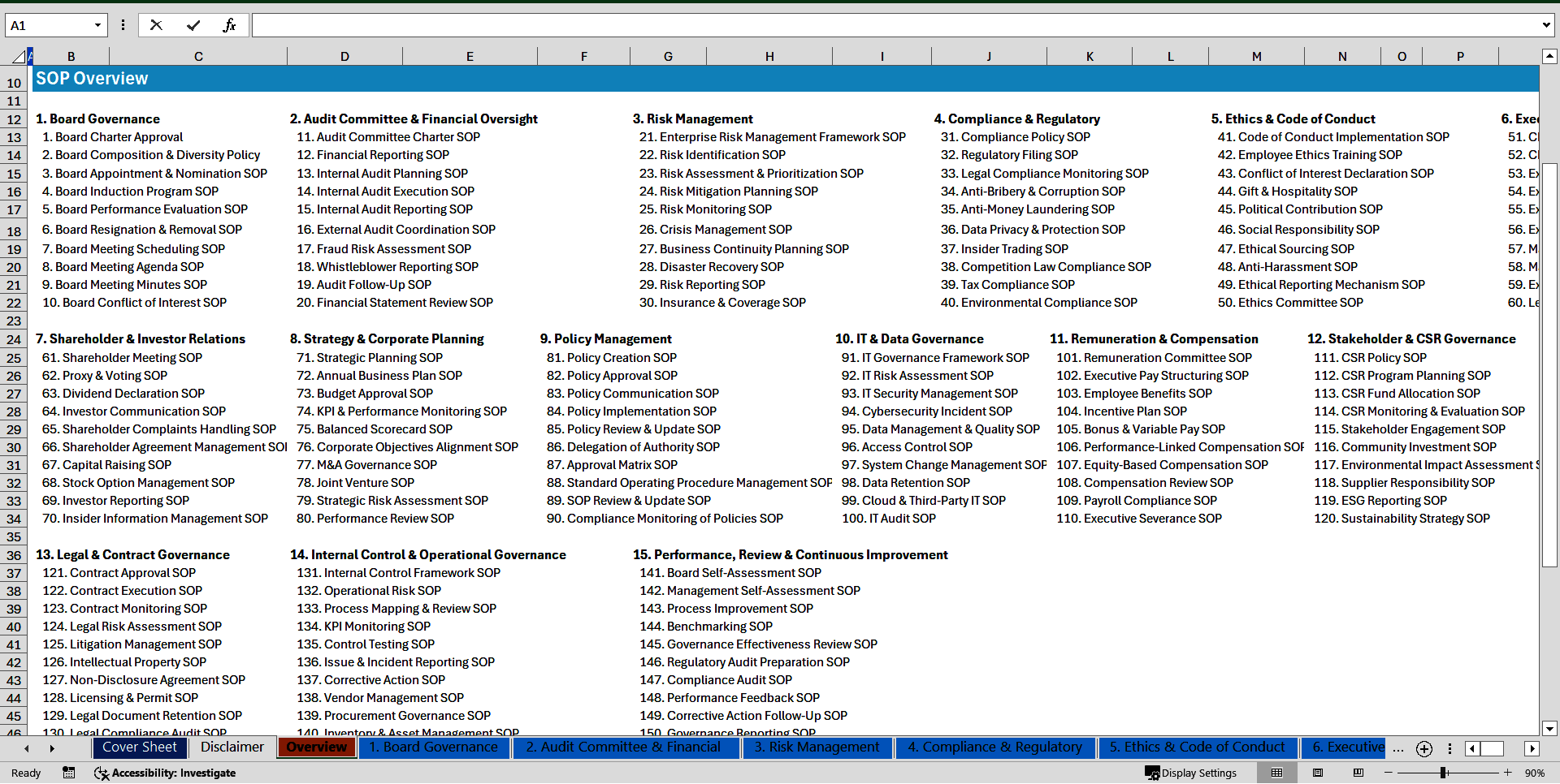100+ Corporate Governance SOPs (Excel template (XLSX)) Preview Image