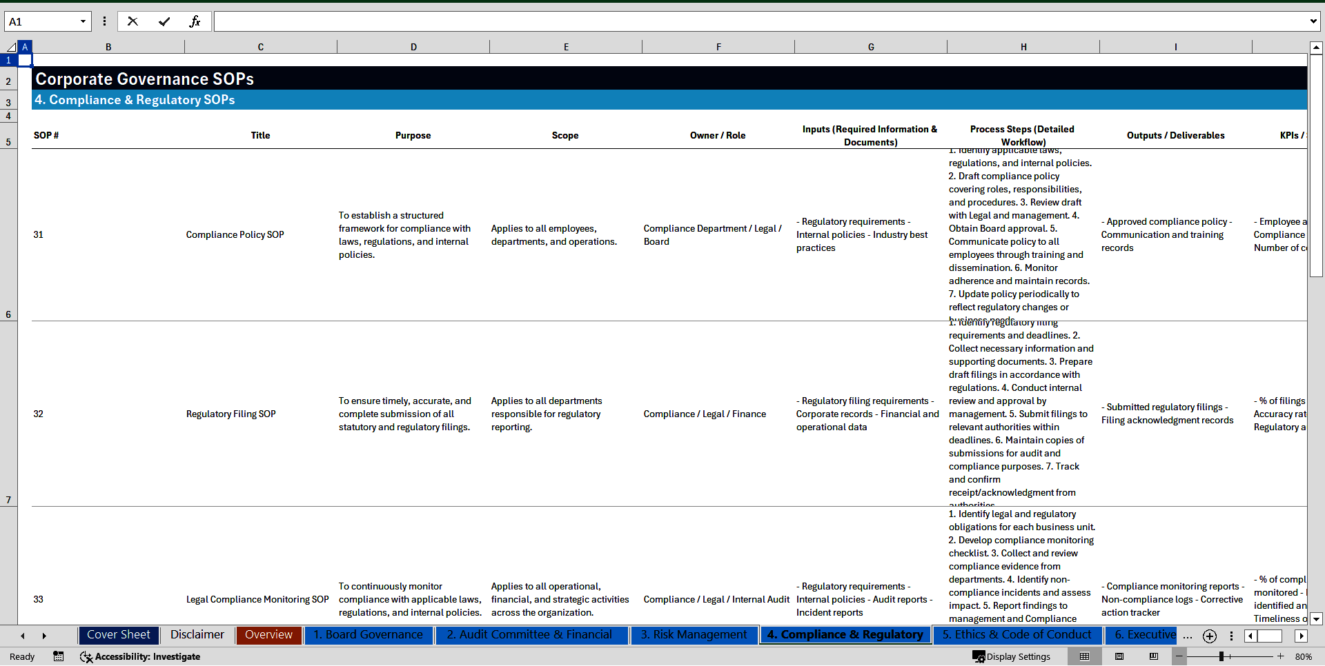 100+ Corporate Governance SOPs (Excel template (XLSX)) Preview Image