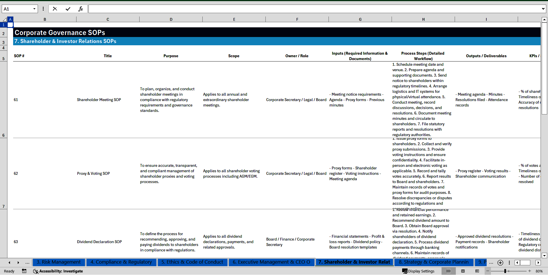 100+ Corporate Governance SOPs (Excel template (XLSX)) Preview Image