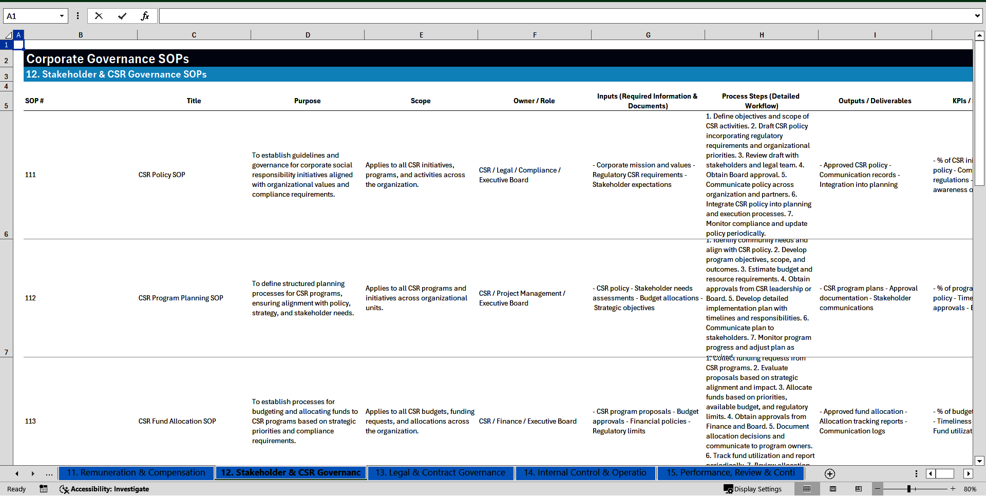 100+ Corporate Governance SOPs (Excel template (XLSX)) Preview Image