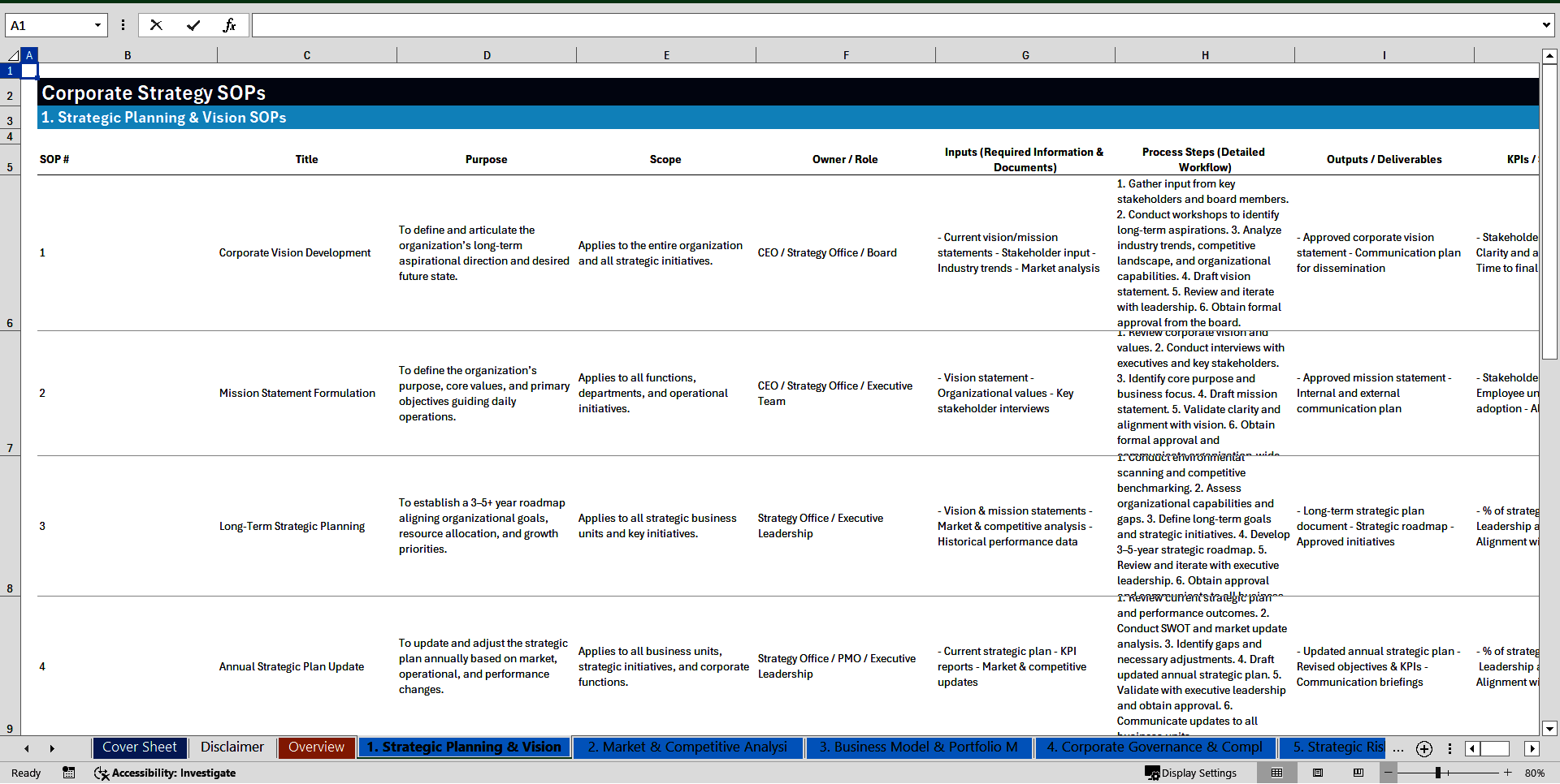 100+ Corporate Strategy SOPs (Excel template (XLSX)) Preview Image