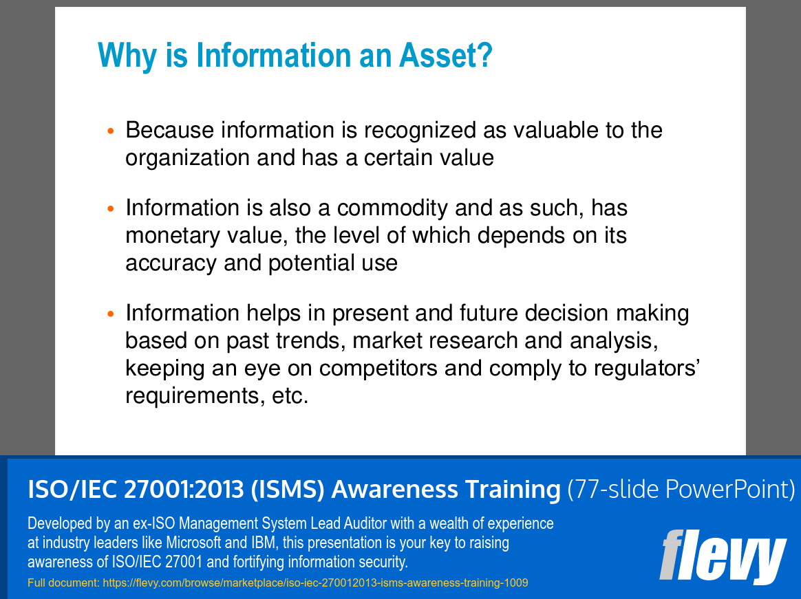 ISO/IEC 27001:2013 (ISMS) Awareness Training (77-slide PPT PowerPoint presentation (PPTX)) Preview Image