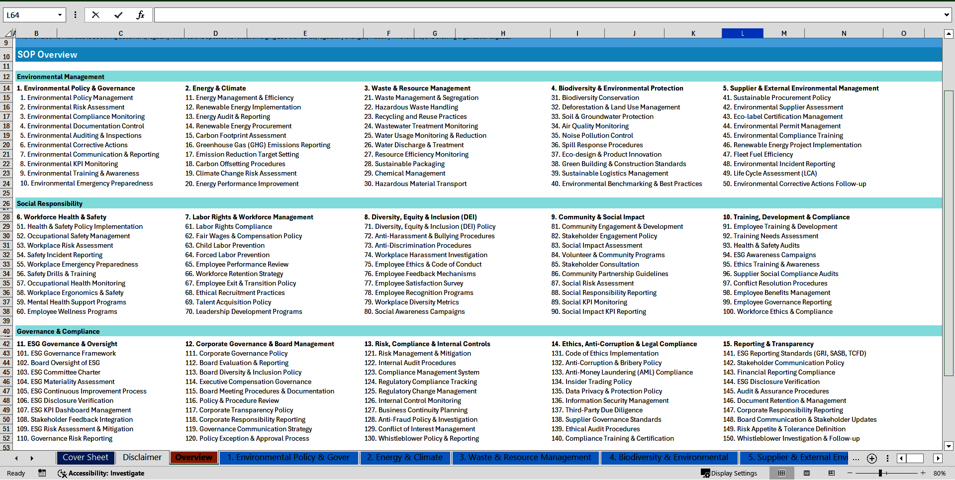 100+ Environmental, Social & Governance (ESG) SOPs (Excel template (XLSX)) Preview Image