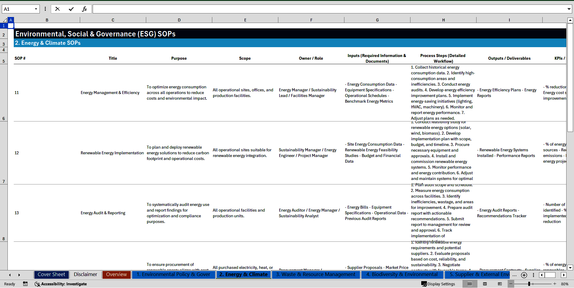 100+ Environmental, Social & Governance (ESG) SOPs (Excel template (XLSX)) Preview Image