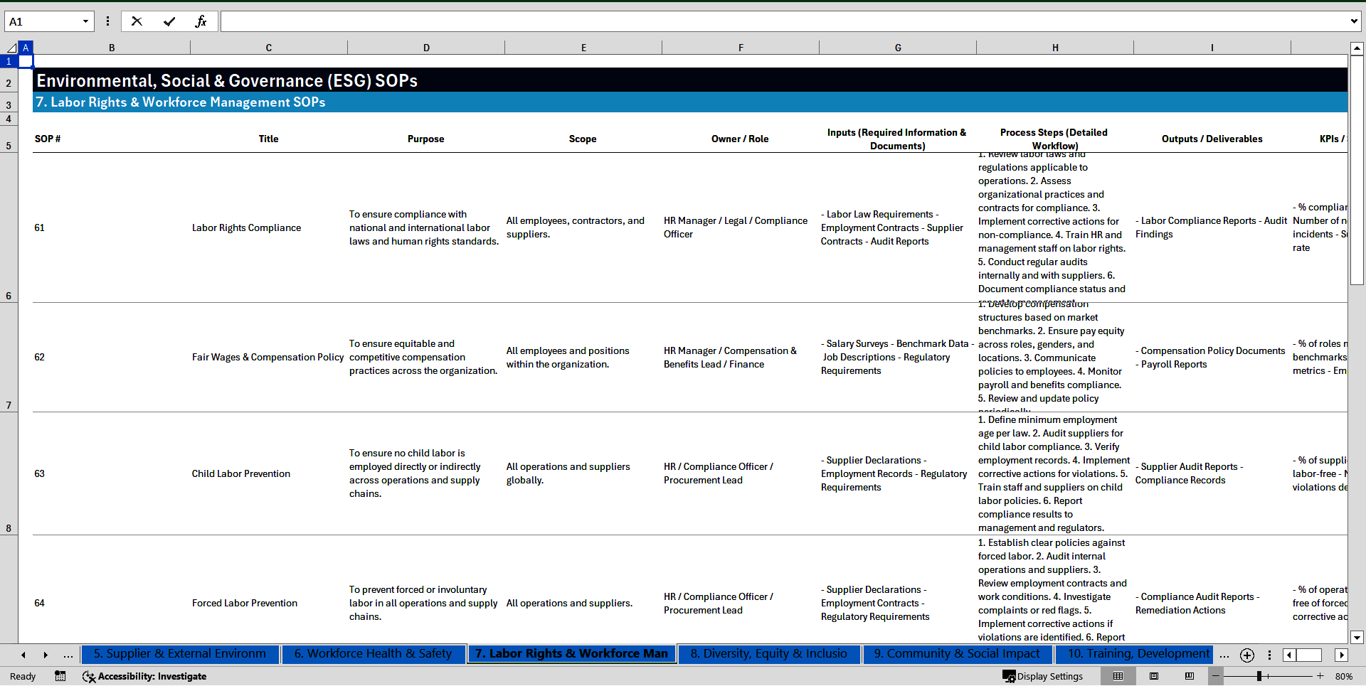 100+ Environmental, Social & Governance (ESG) SOPs (Excel template (XLSX)) Preview Image