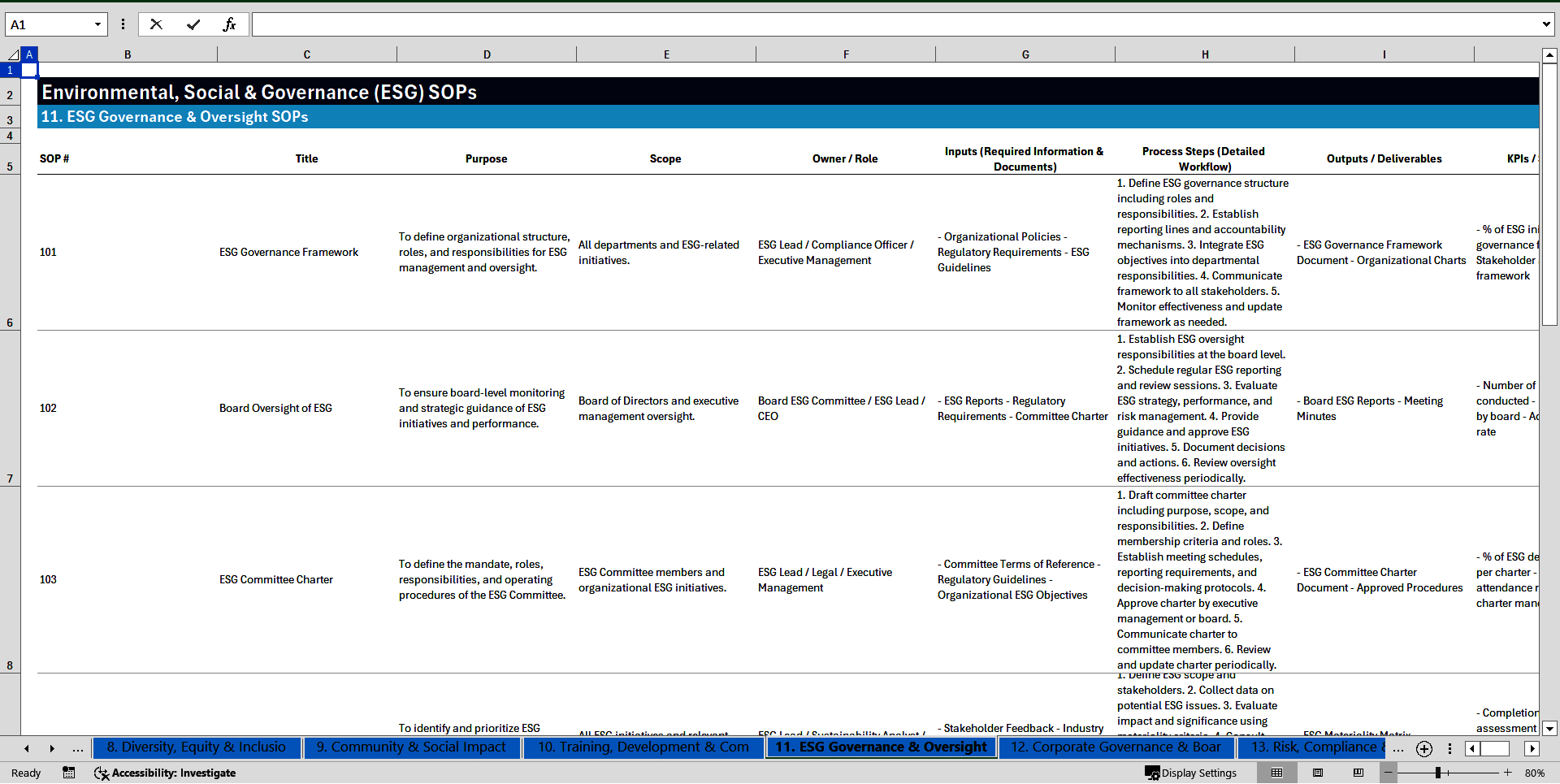 100+ Environmental, Social & Governance (ESG) SOPs (Excel template (XLSX)) Preview Image