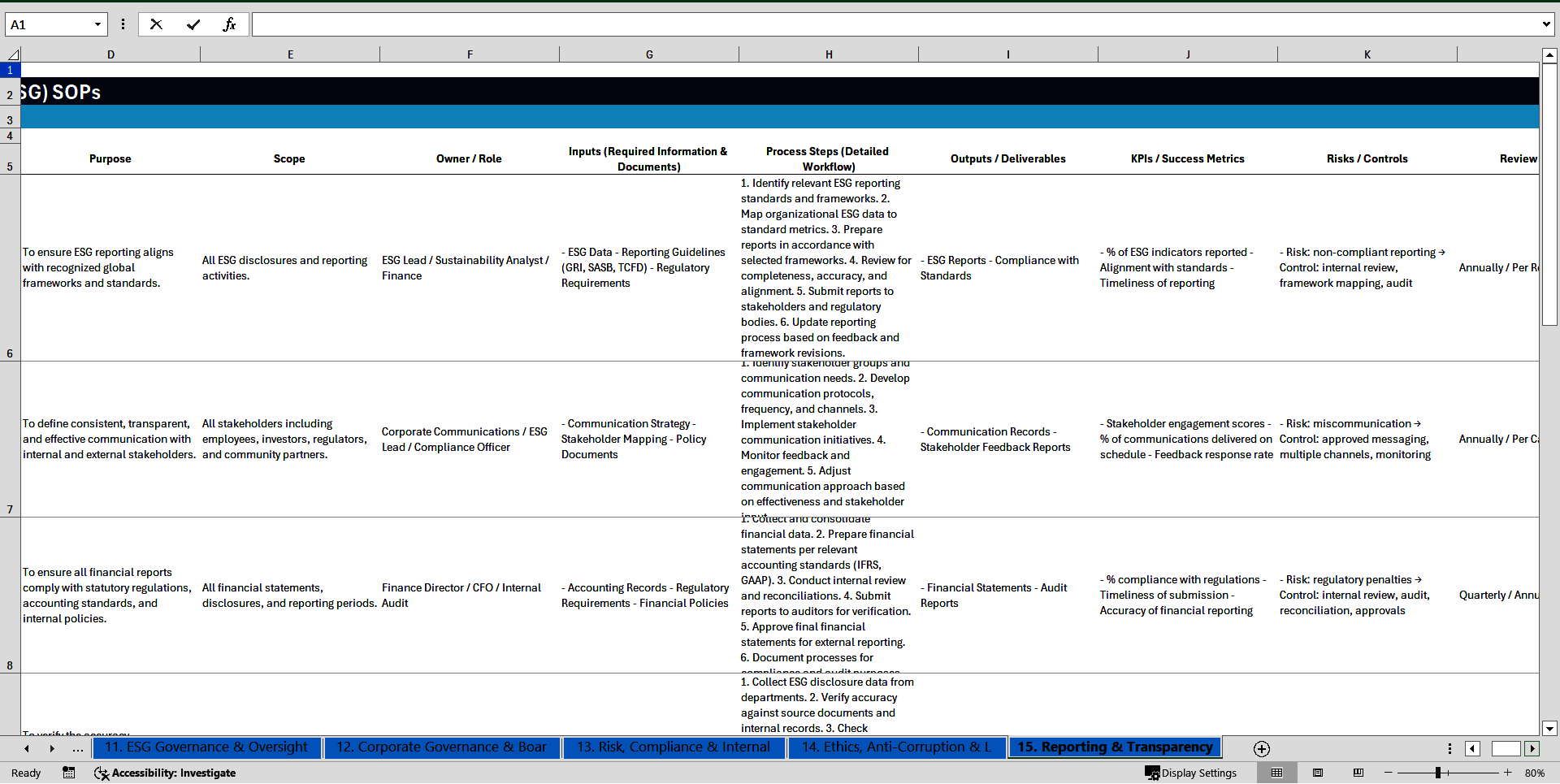 100+ Environmental, Social & Governance (ESG) SOPs (Excel template (XLSX)) Preview Image