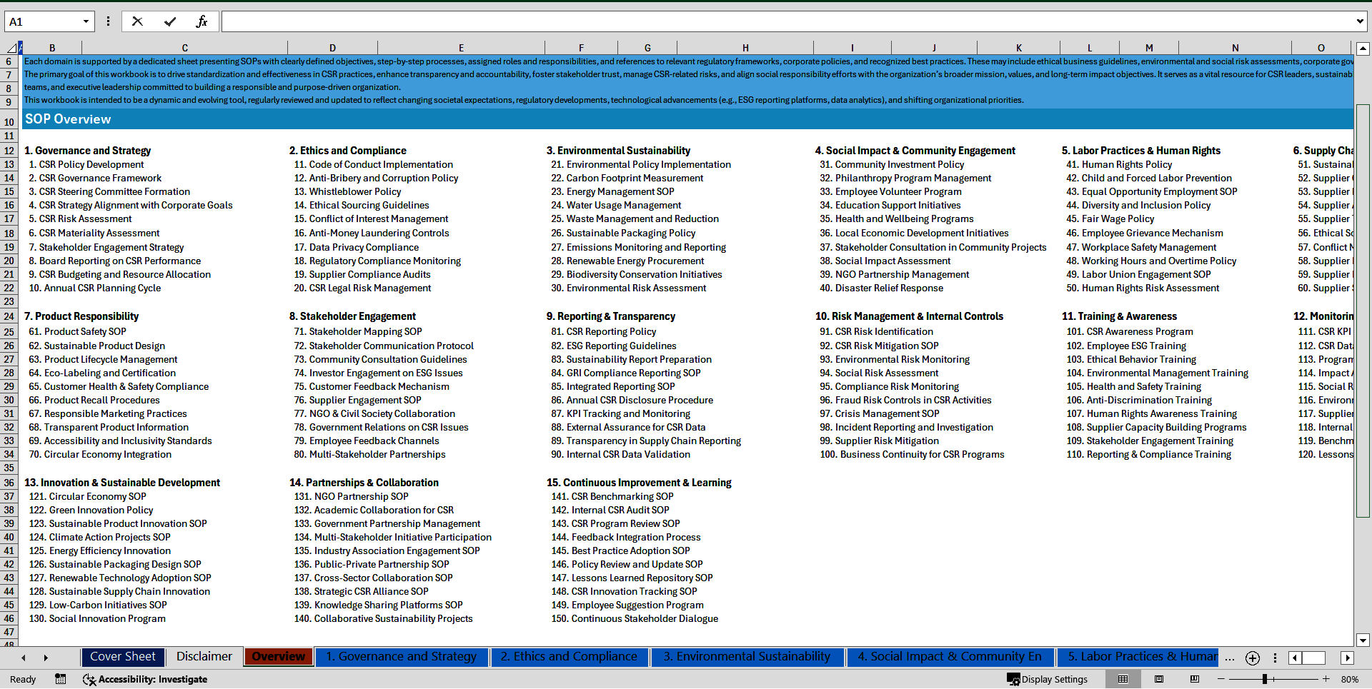 100+ Corporate Social Responsibility (CSR) SOPs (Excel template (XLSX)) Preview Image