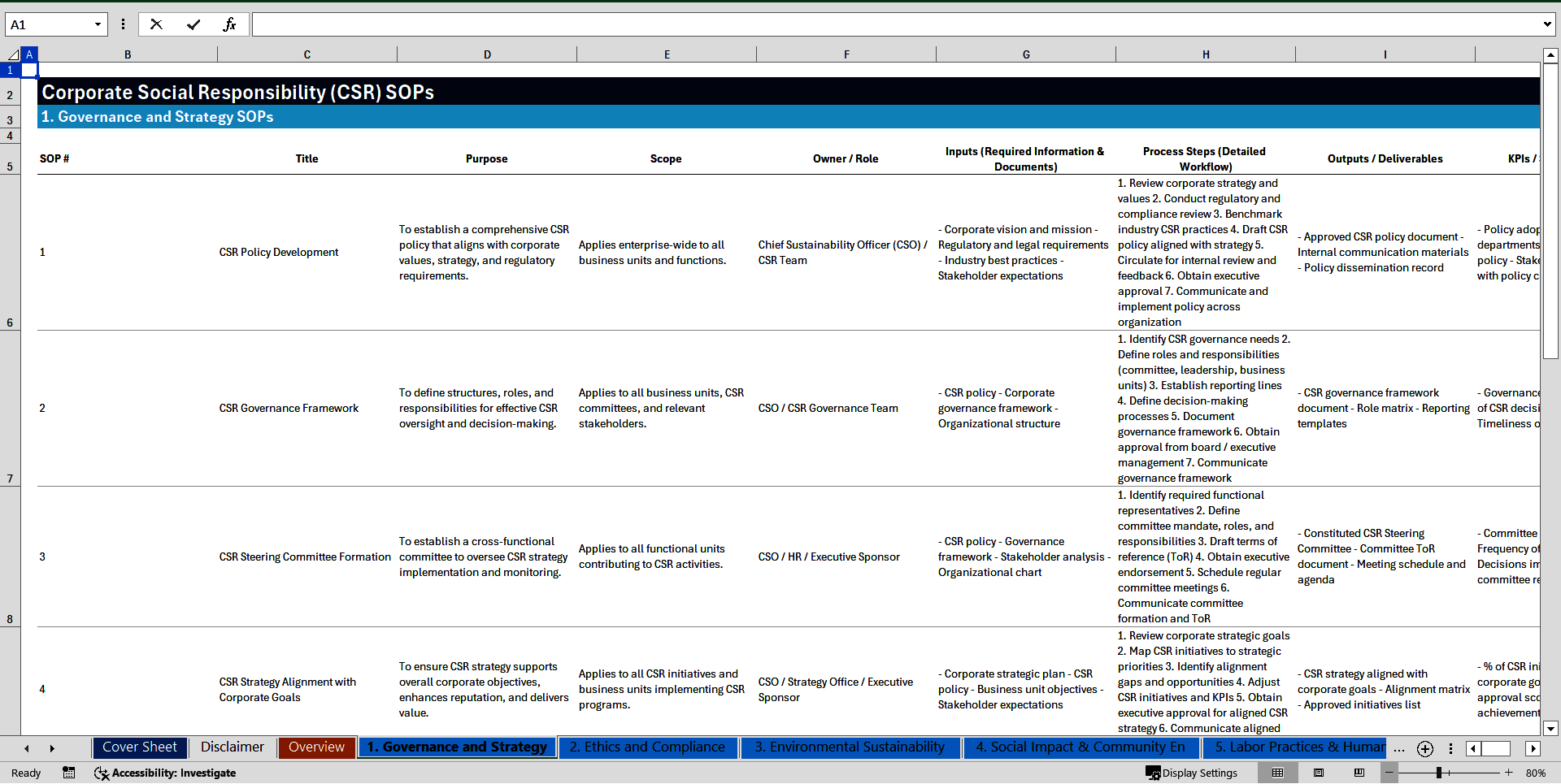 100+ Corporate Social Responsibility (CSR) SOPs (Excel template (XLSX)) Preview Image