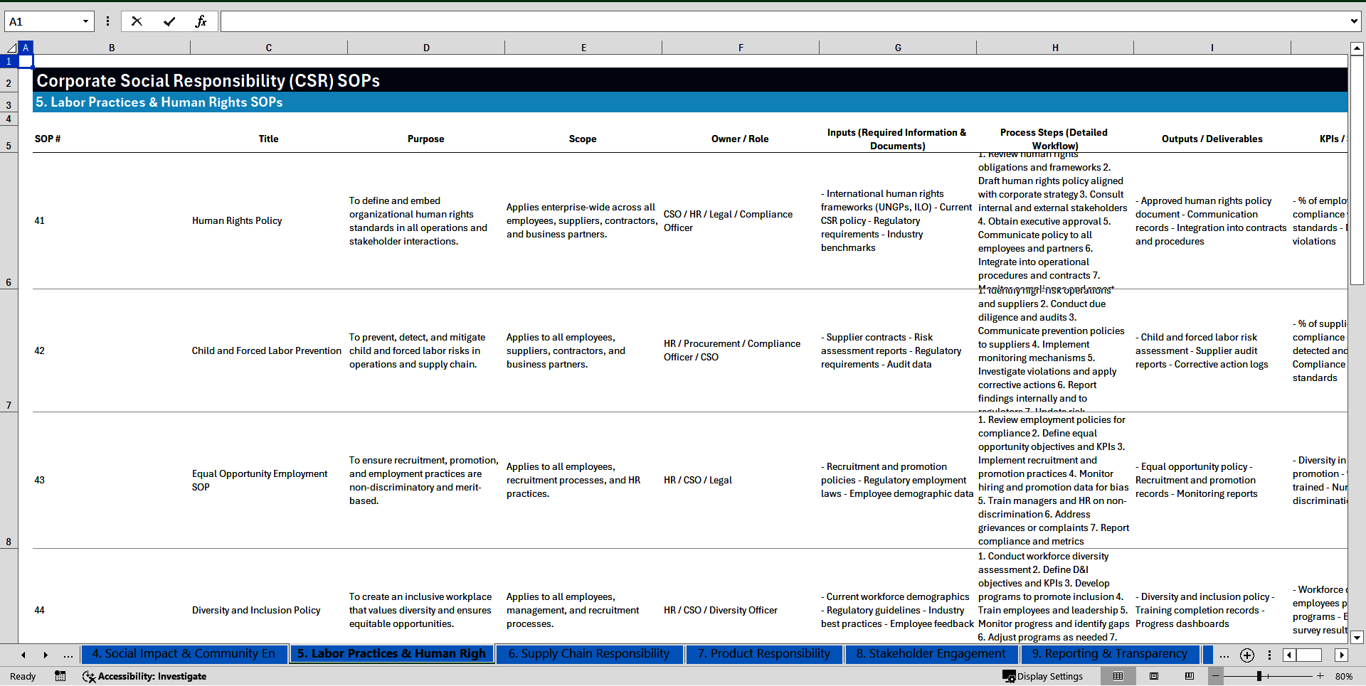 100+ Corporate Social Responsibility (CSR) SOPs (Excel template (XLSX)) Preview Image