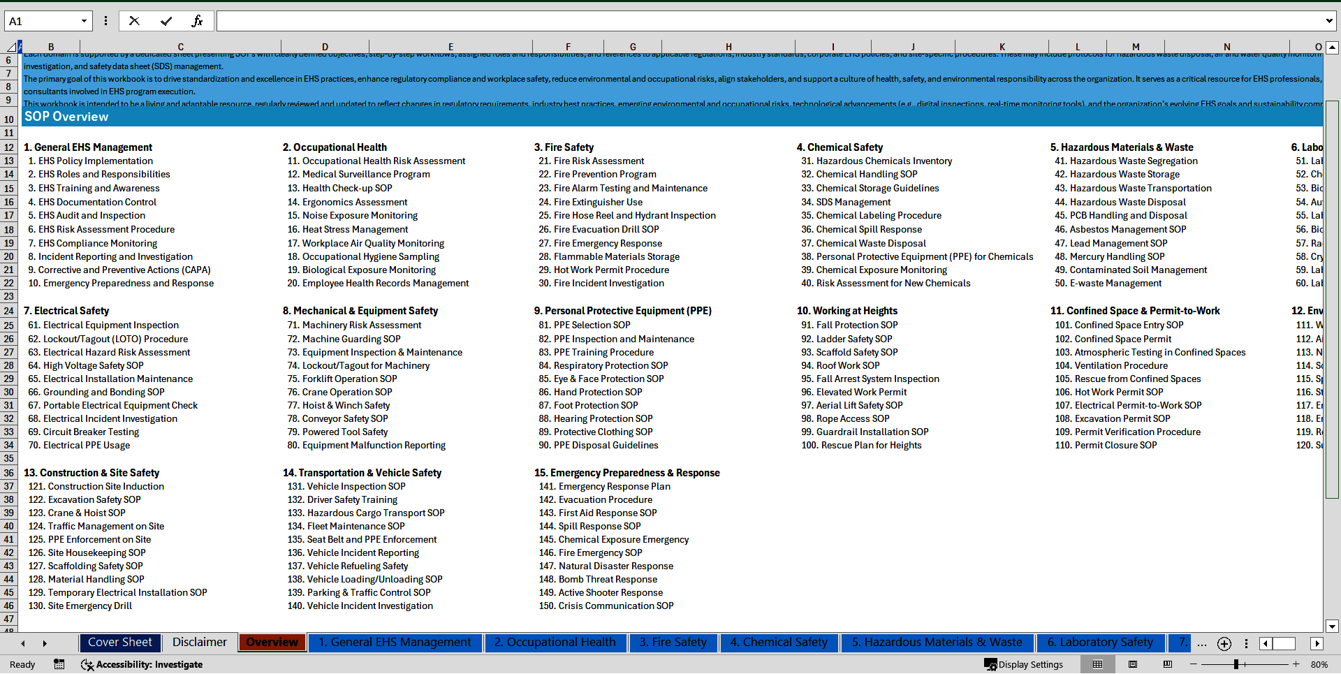100+ Environmental Health and Safety (EHS) SOPs (Excel template (XLSX)) Preview Image